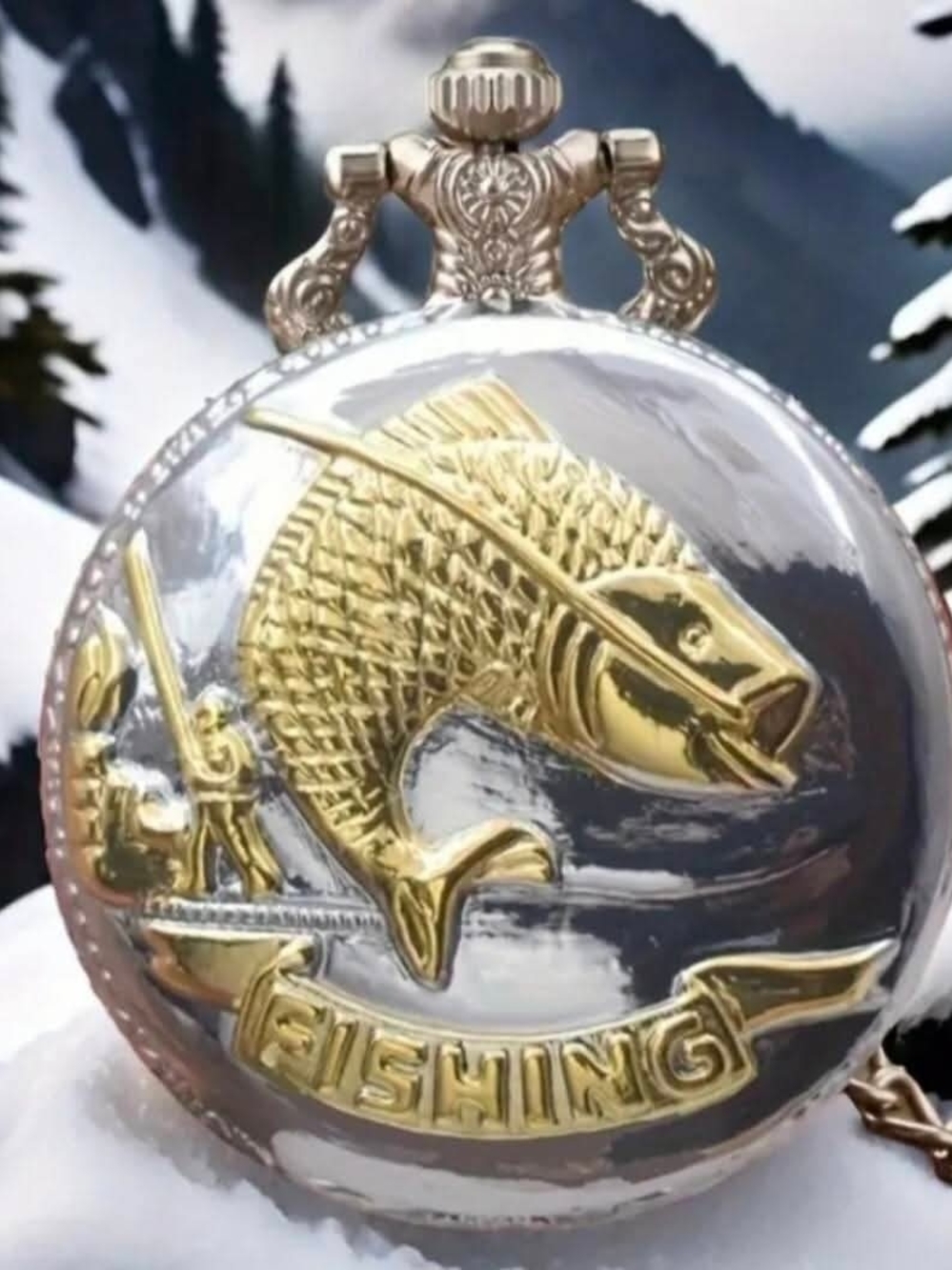 Two-Tone Gold & Silver Fishing Pocket Watch